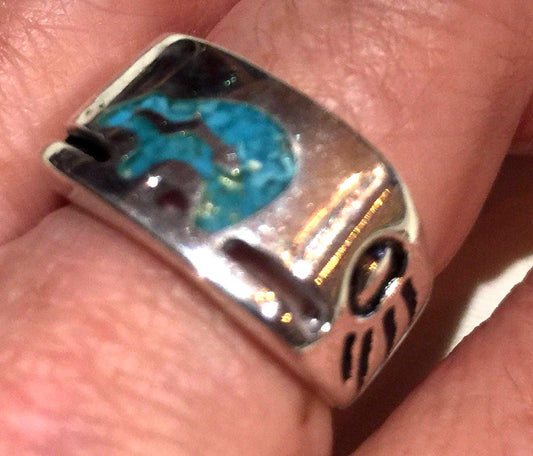 Vintage Native American Style Southwestern Turquoise Stone Inlay Mens Bear Ring