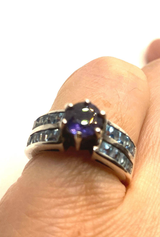 Vintage Handmade Deep Blue Iolite Setting 925 Sterling Silver Gothic Ring size 5