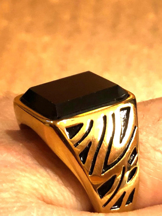 Vintage Gothic Gold Finished Stainless Steel Black Onyx Mens Ring