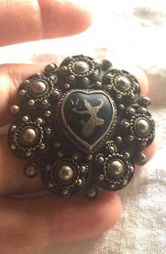 Vintage Hand Made Dancing Goddess Siam 925 Sterling Silver Heart Brooch Pin