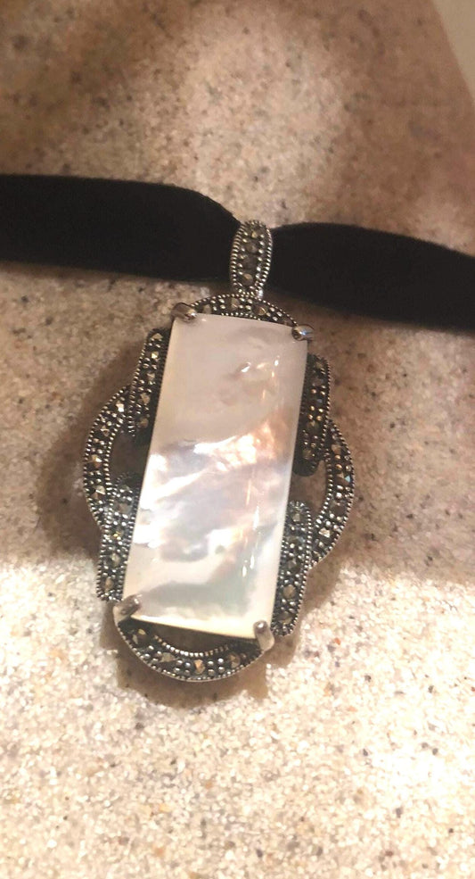 Vintage Marcasite 925 Sterling Silver Mother of Pearl Dangle Pendant Necklace