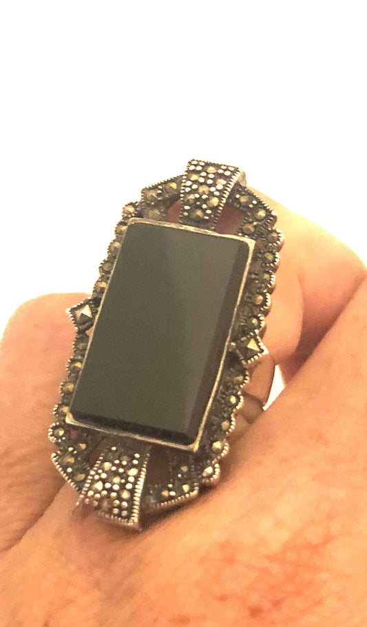 Vintage Genuine Black Onyx Silver Marcasite Ring