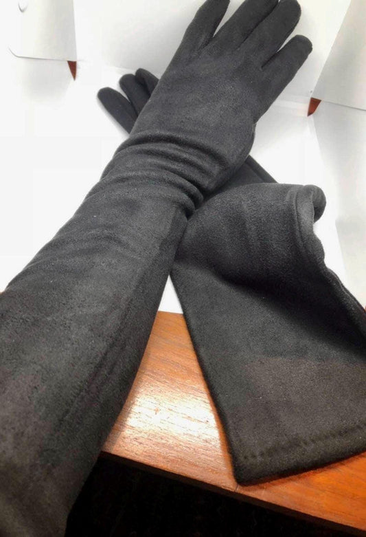 Black Evening Gloves Vintage Ultrasuede Fleece Long Black Opera Gloves