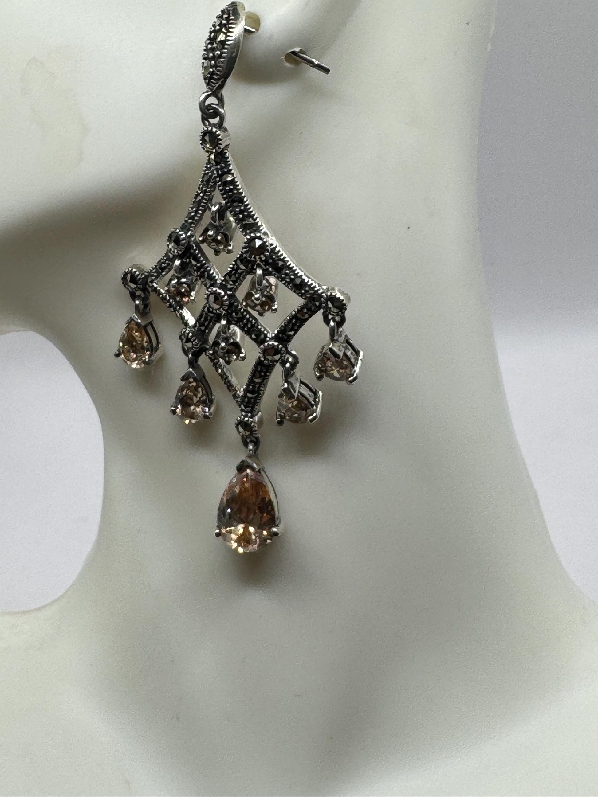 Vintage Champaign Cubic Zirconia Marcasite 925 Sterling Silver Dangle Chandelier Earrings