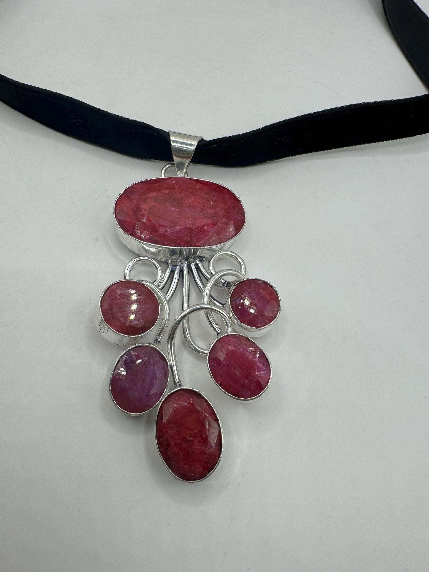 Vintage Antique Pink Raw Ruby Black velvet Choker Statement Necklace