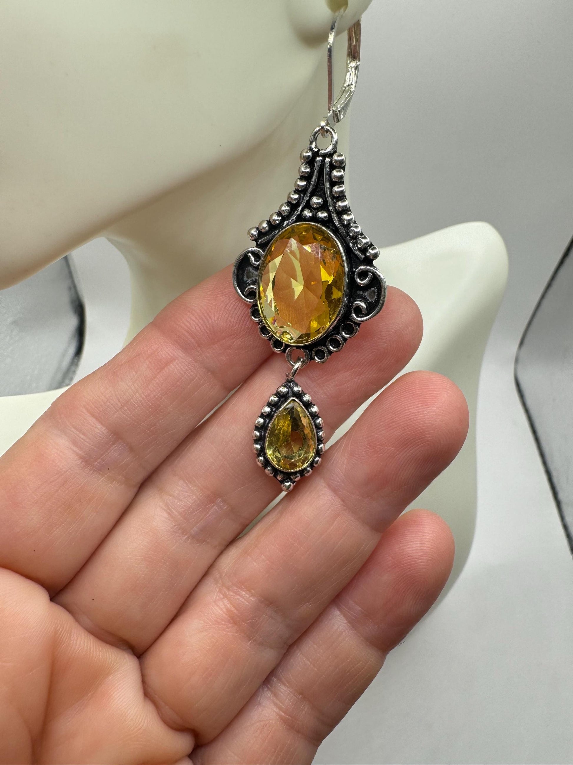 Vintage Citrine 925 Sterling Silver Lever Back Earrings