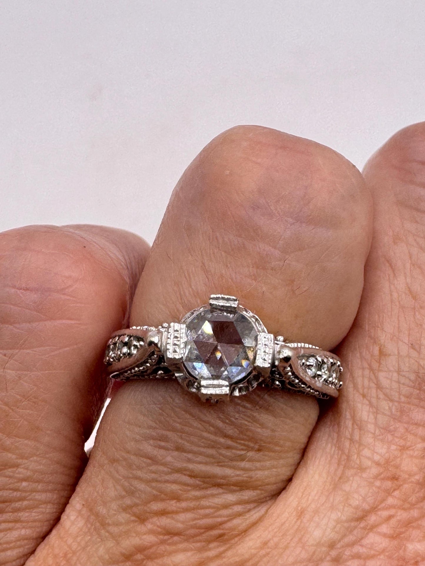 Vintage Victorian Handmade Antique old rose cut White Diamond Gothic 14k White Gold Engagement Ring