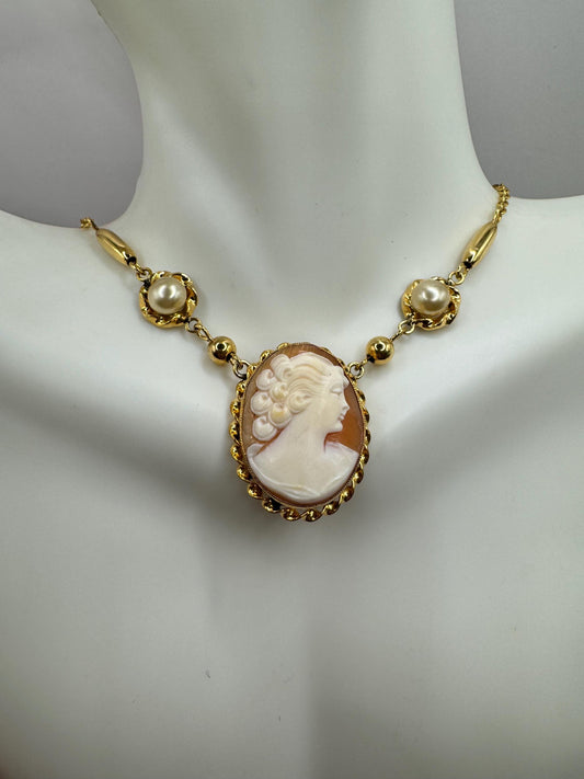 Vintage Shell Cameo Rose and Yellow Gold Filled Necklace Choker