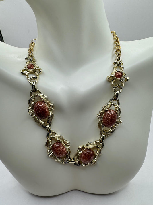 Vintage goldstone Glass Silver Statement Chain Necklace