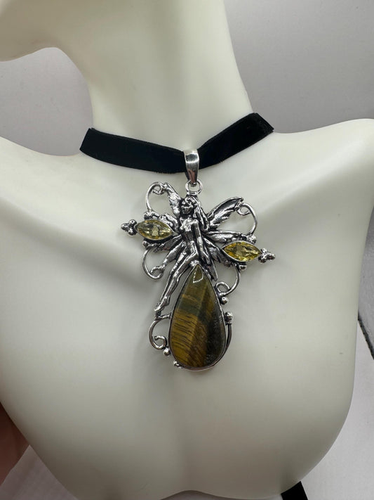 Vintage Sprite fairy Silver Genuine Labradorite Gemstone Necklace choker