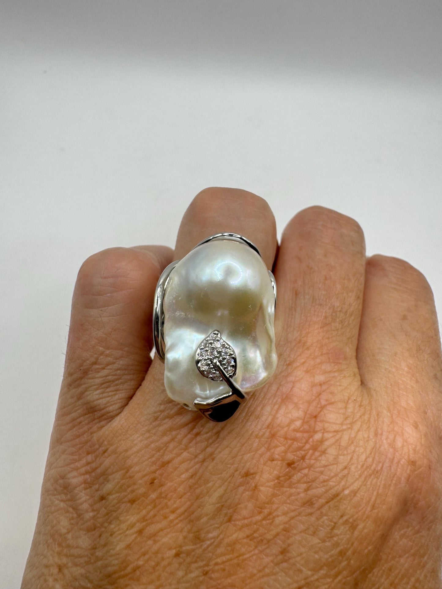 Vintage Biwa Pearl Ring 925 Sterling Silver Cocktail Statement Adjustable