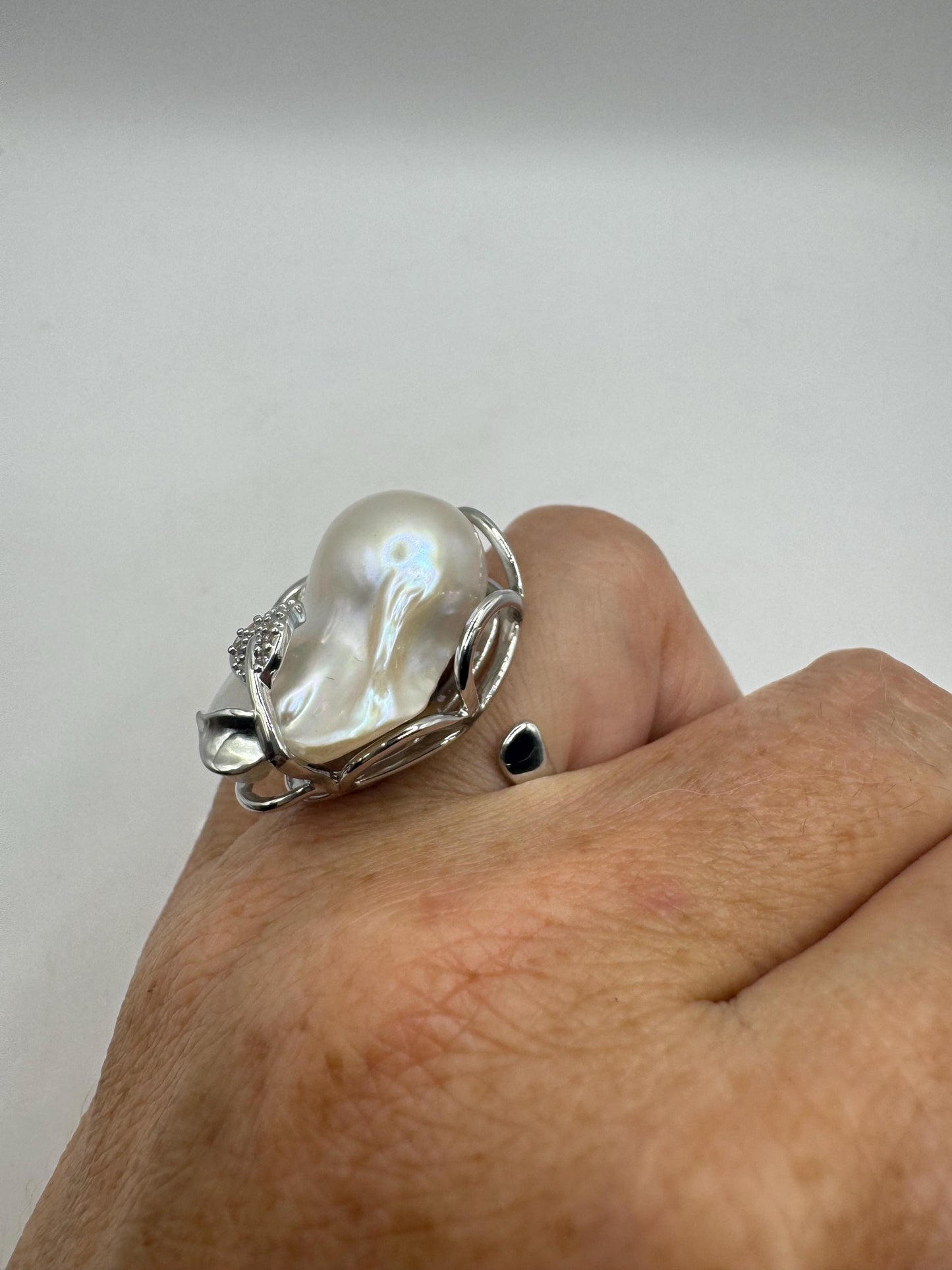Vintage Biwa Pearl Ring 925 Sterling Silver Cocktail Statement Adjustable