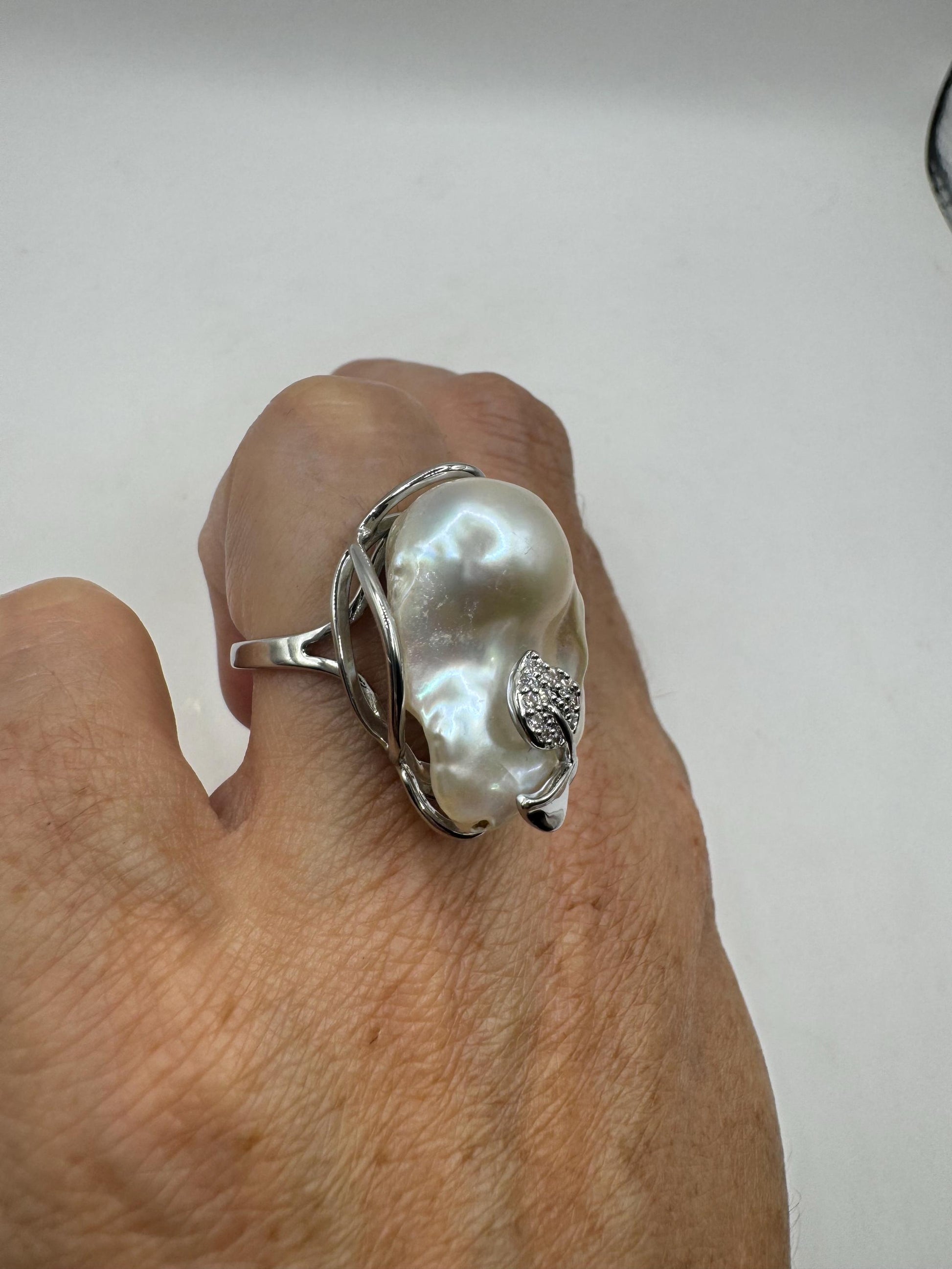 Vintage Biwa Pearl Ring 925 Sterling Silver Cocktail Statement Adjustable
