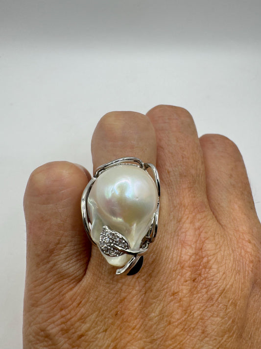 Vintage Biwa Pearl Ring 925 Sterling Silver Cocktail Statement Adjustable