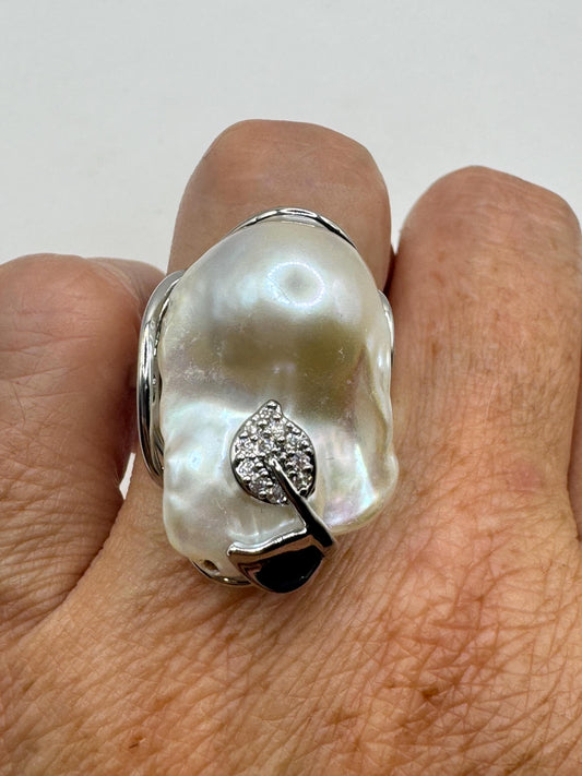 Vintage Biwa Pearl Ring 925 Sterling Silver Cocktail Statement Adjustable