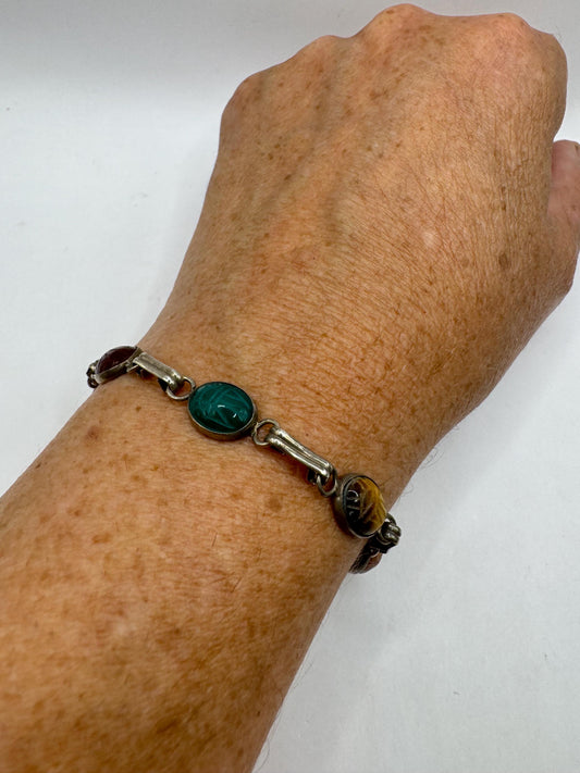 Vintage Scarab Bracelet 925 Sterling silver Carved Gemstones