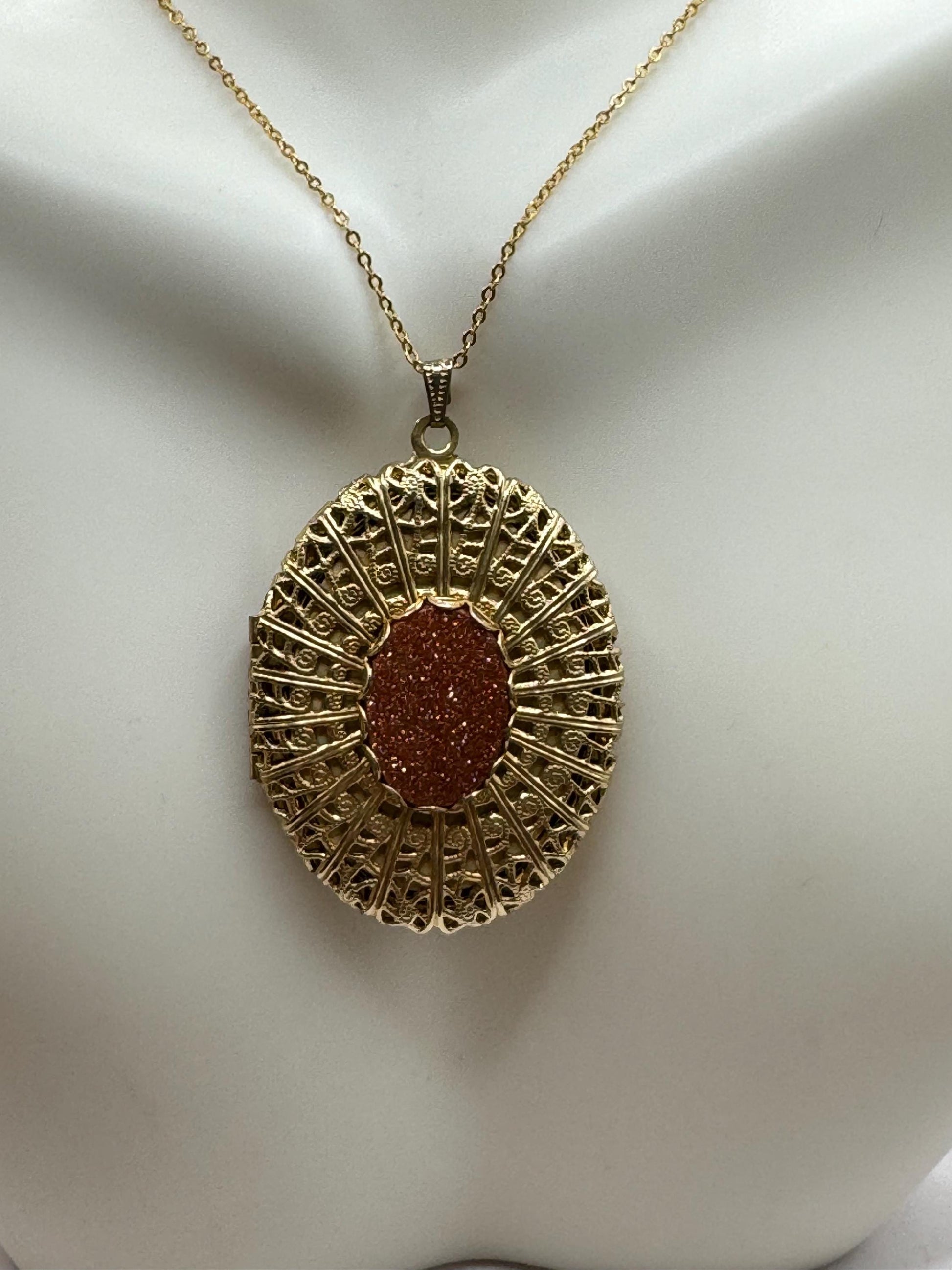 Vintage Goldstone Locket Choker Gold Filled Necklace