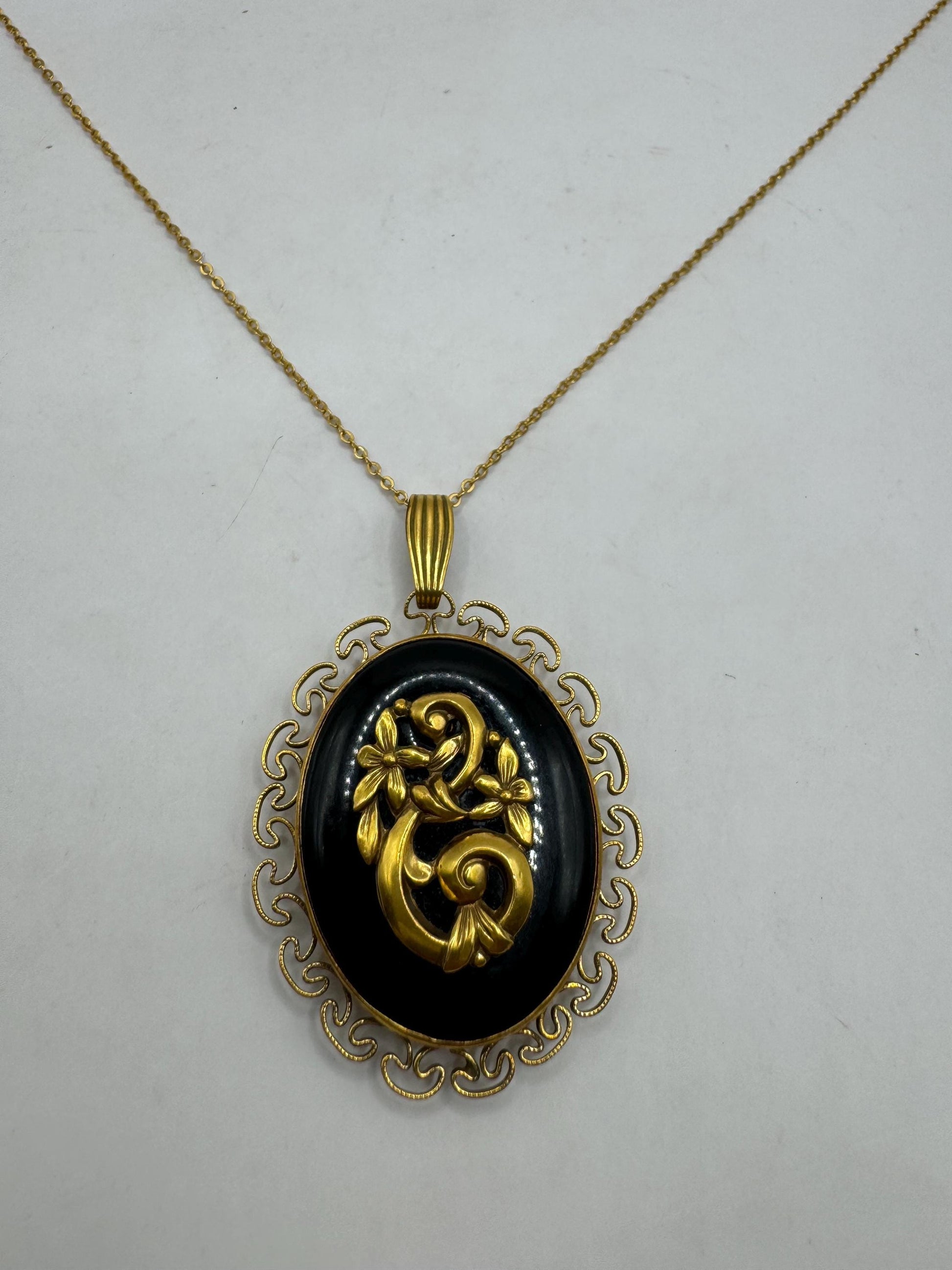 Vintage Black Enamel Locket Choker Gold Filled Necklace