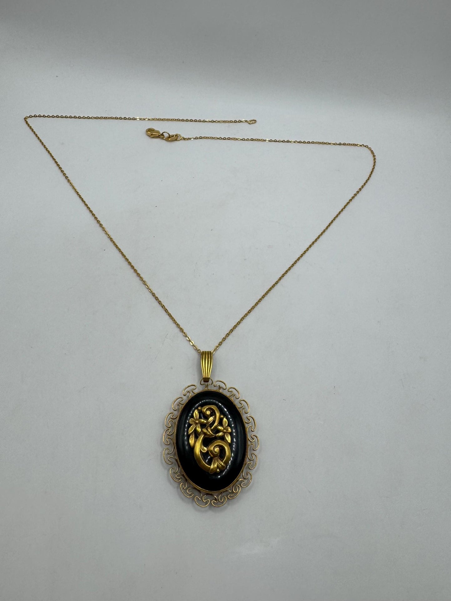 Vintage Black Enamel Locket Choker Gold Filled Necklace