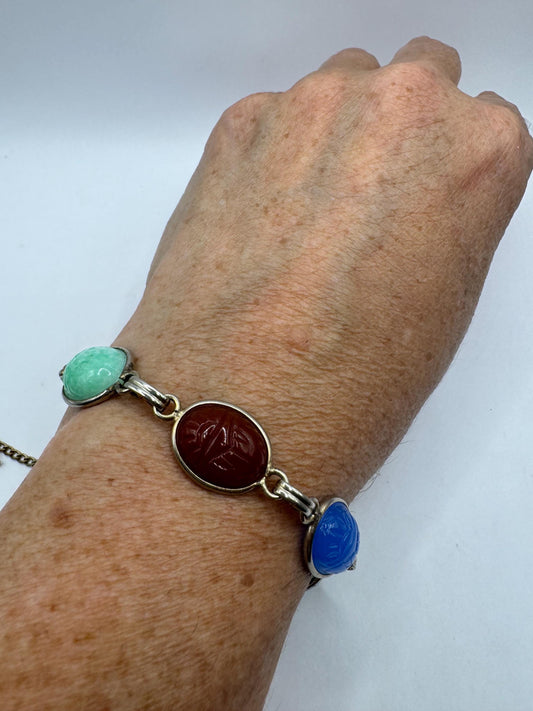 Vintage Scarab Bracelet Gold filled Carved Gemstones