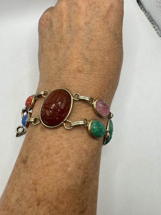 Vintage Scarab Bracelet Gold filled Carved Gemstones