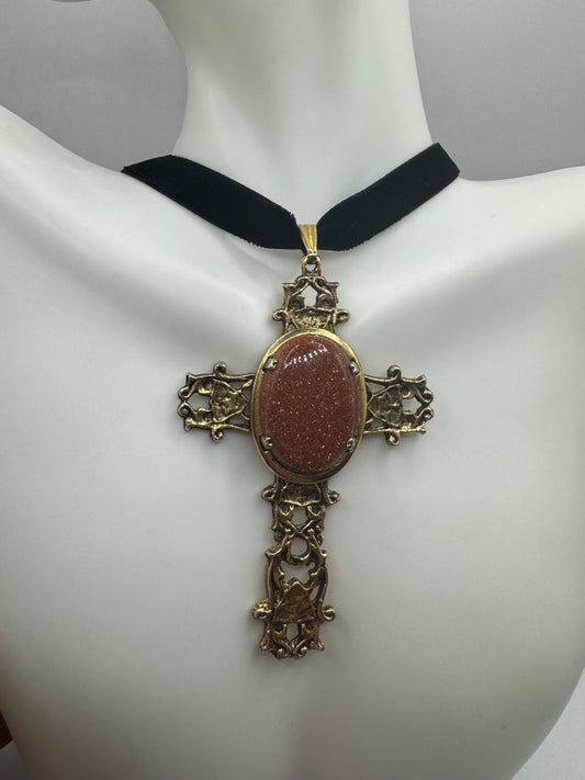 Vintage Goldstone cross Choker Gold Filled Necklace