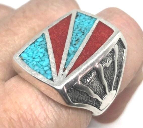 Vintage Native American Style Southwestern Turquoise Inlay Mens Ring