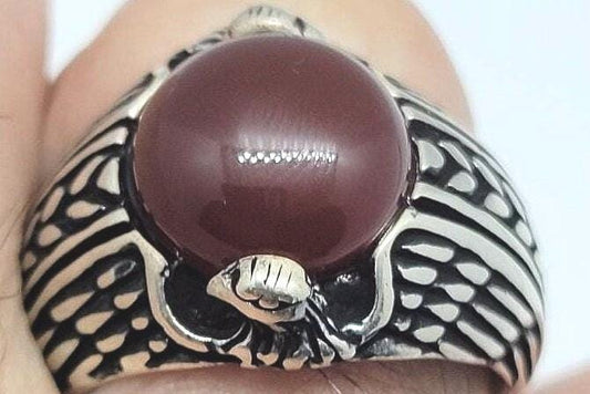 Vintage Carnelian Mens Ring in 925 Sterling Silver Persian Styled Genuine Carnelian in Eagle Setting