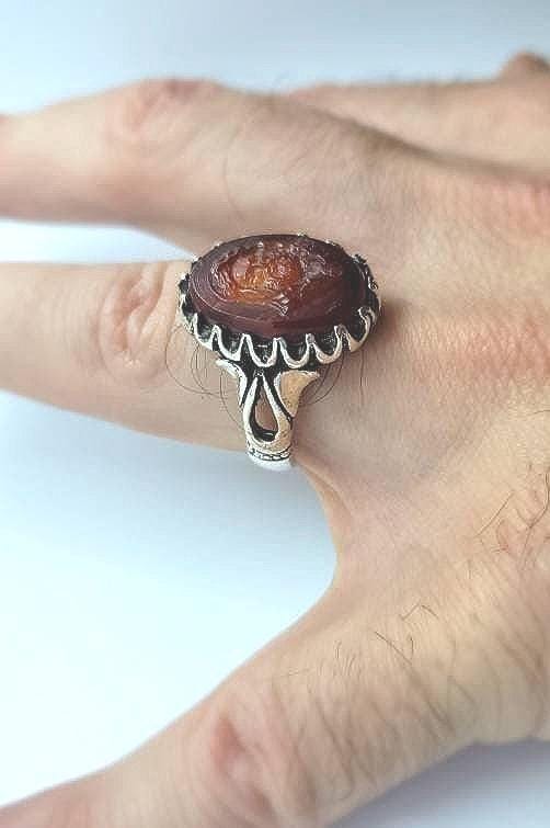 Vintage Carnelian Mens Ring in 925 Sterling Silver Persian Styled Genuine Carnelian Cameo Carving of Jesus Christ