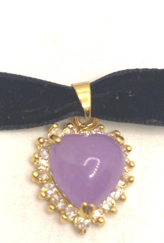 Vintage Lavender Jade Heart Choker Gold Bronze Necklace Pendant