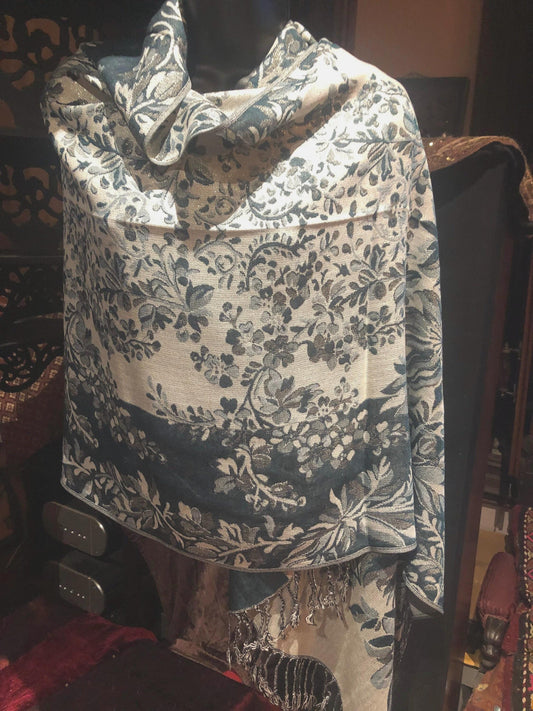 Vintage Teal Blue Pashmina Metallic Floral Brocade Scarf Wrap Shawl