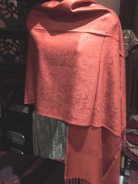 Vintage Rust Red Brocade Paisley Pashmina Scarf Wrap