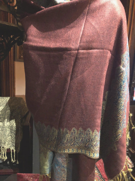 Vintage Burgundy Red Blue Paisley Brocade Pashmina Scarf Wrap