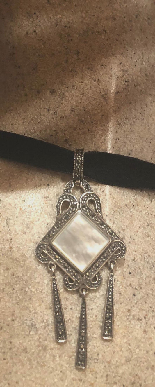 Vintage Marcasite 925 Sterling Silver Mother of Pearl Dangle Pendant Necklace