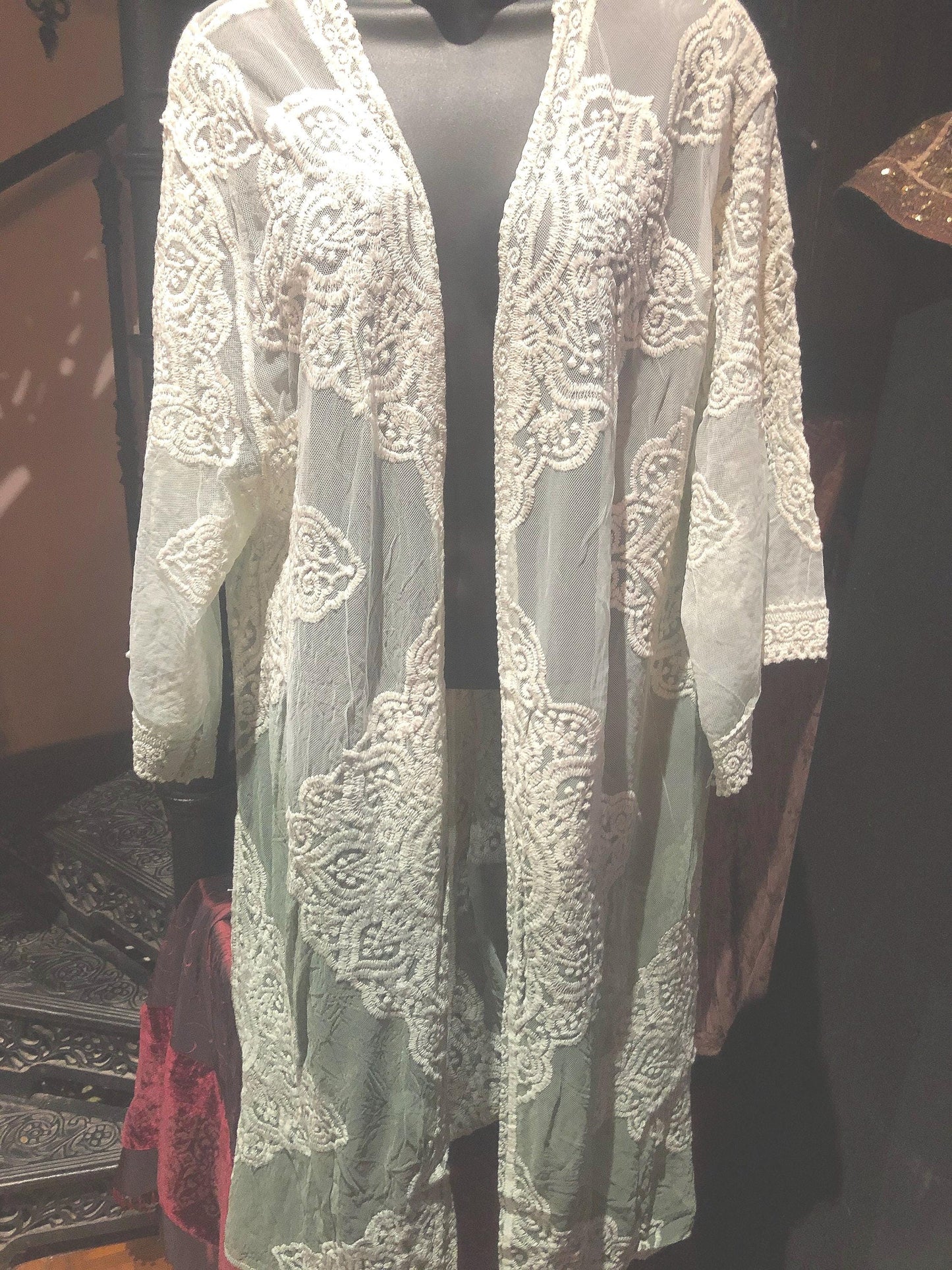 Lace Kimono Jacket Vintage Style Green Tie Dye Embroidered wrap