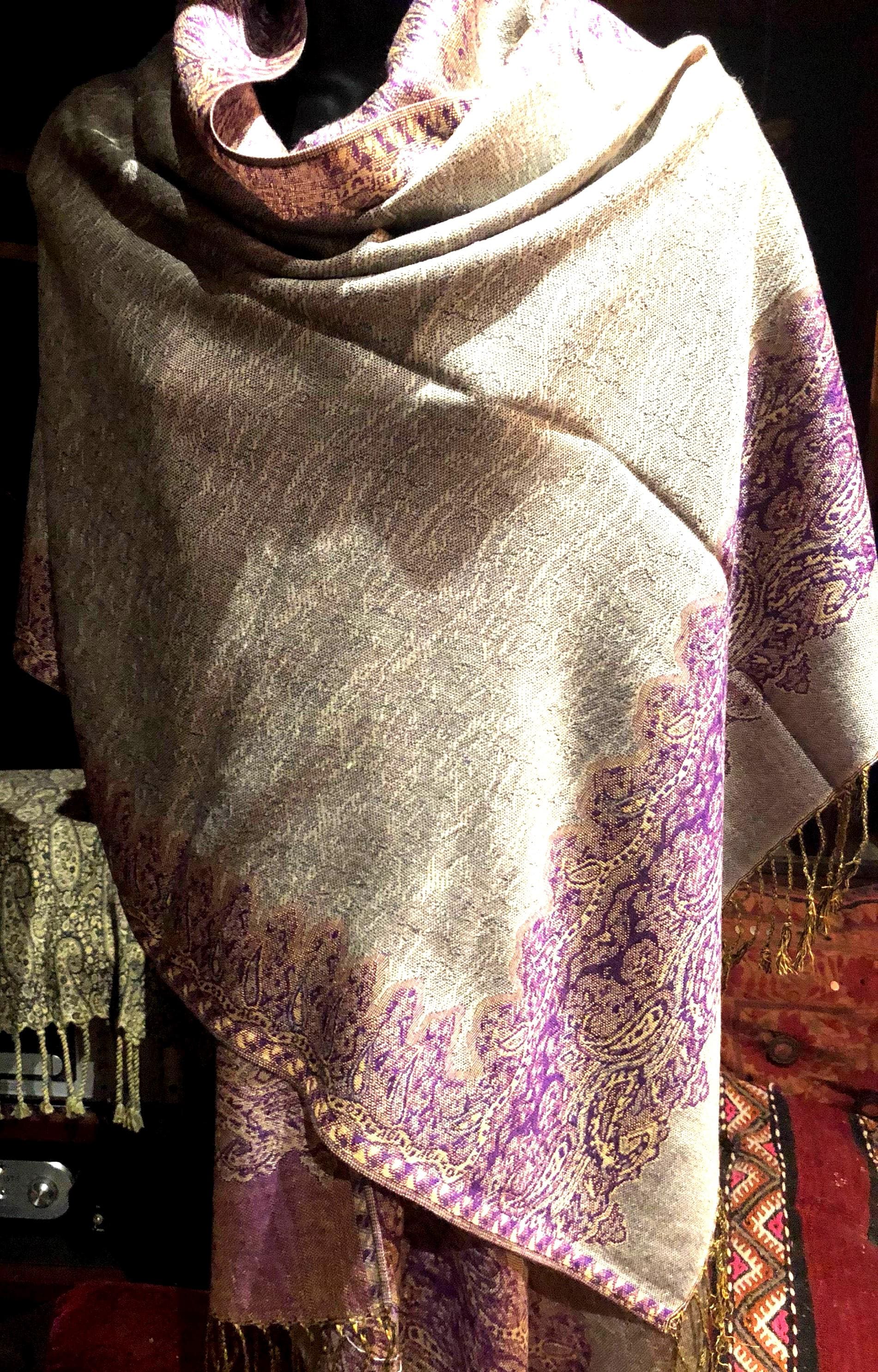 Vintage Gray Purple Paisley Brocade Pashmina Scarf Wrap Shawl