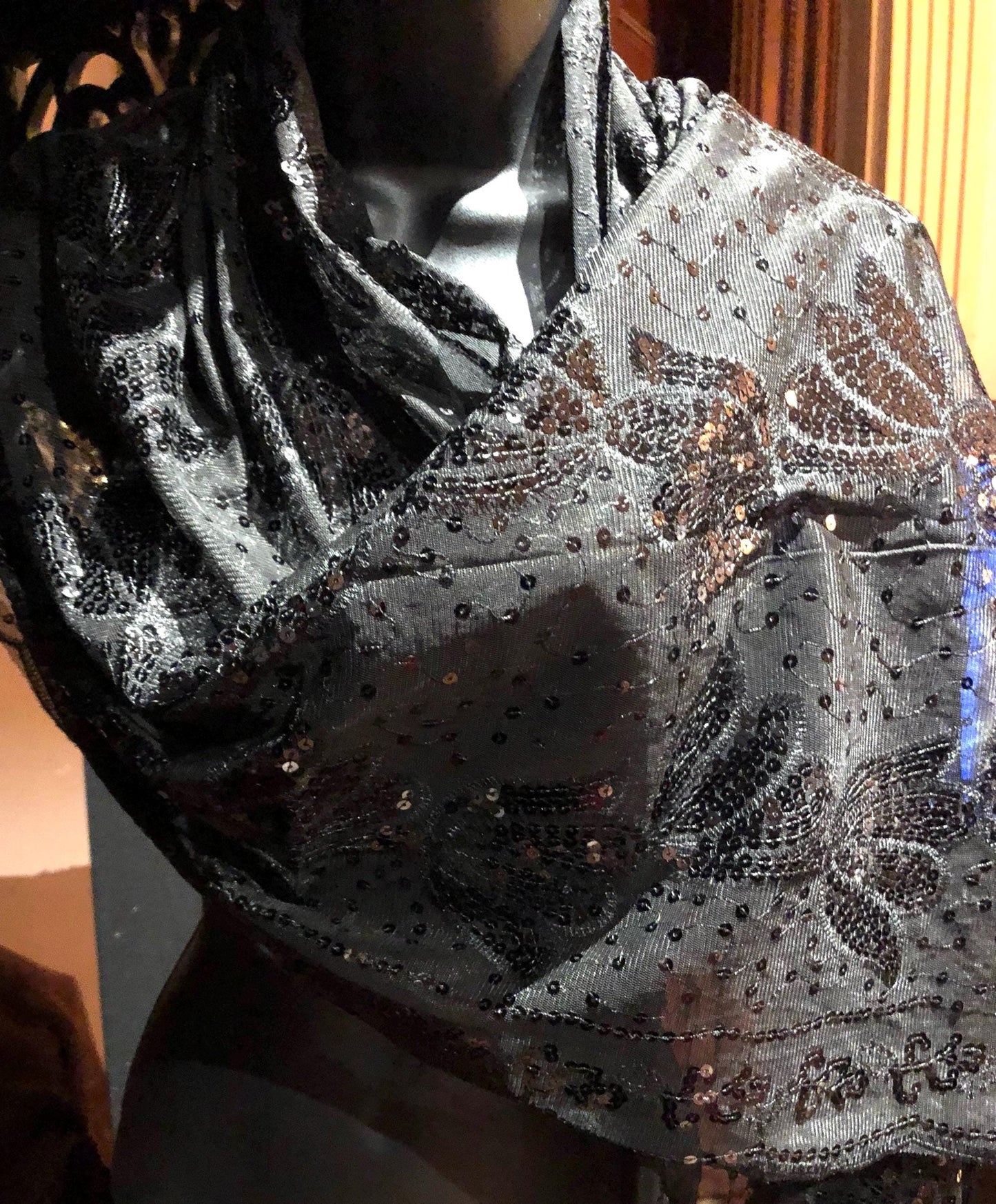 Vitage Styled Sheer black flower Sequined embroidered wrap Shawl