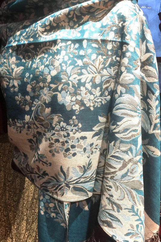 Nemesis Vintage Floral Turquoise Silver Metallic Brocade Pashmina Scarf Wrap