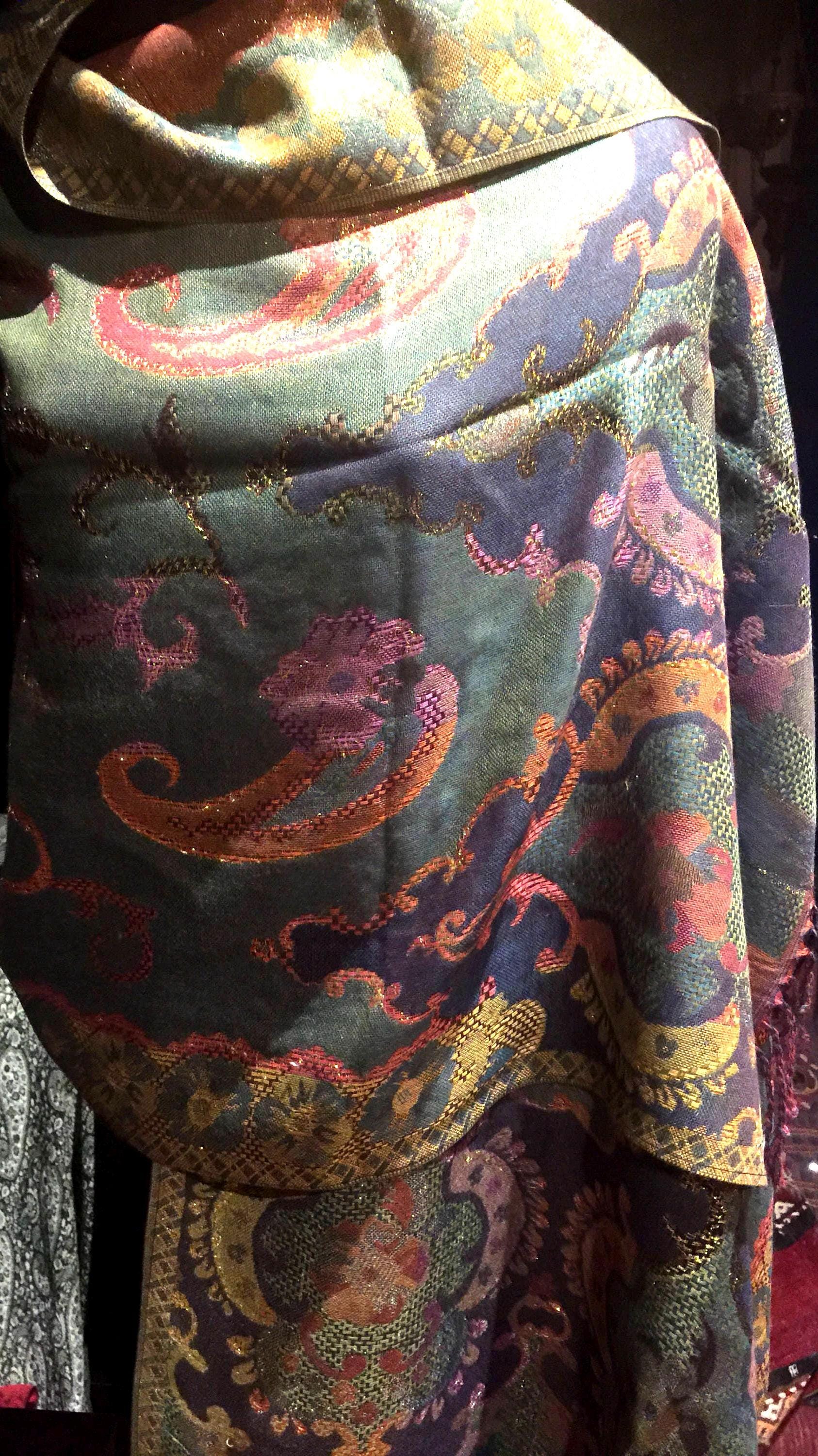 Golden Vintage Navy Blue Green Paisley Brocade Pashmina Scarf Wrap