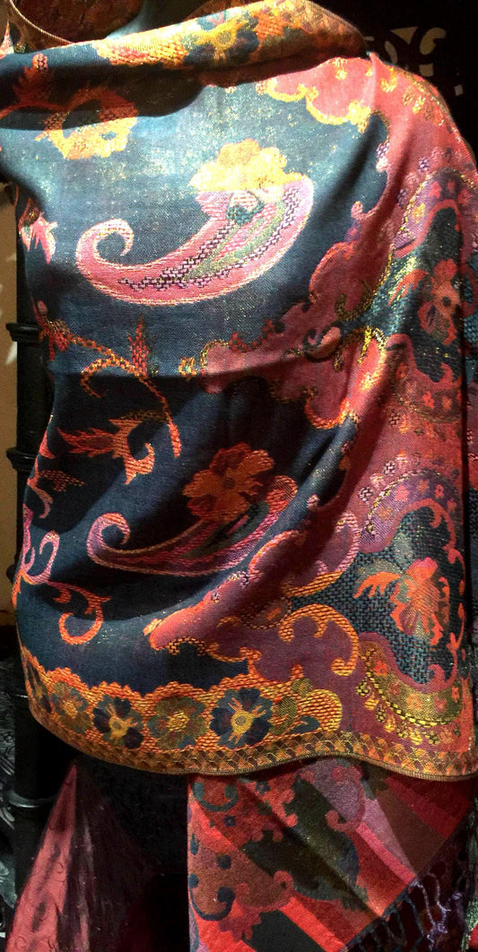 Golden Vintage Navy Blue Red Purple Paisley Brocade Pashmina Scarf Wrap