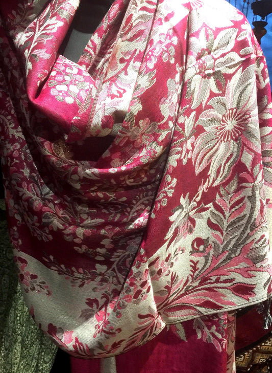 Vintage Fuscia White Silver Brocade Flower Pashmina Scarf Wrap
