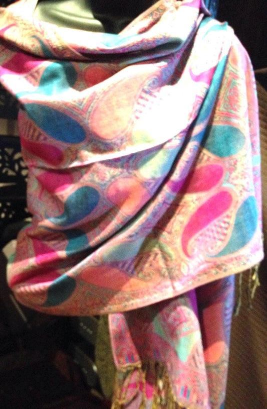 Vintage Fuschia Pink Blue Paisley Brocade Pashmina Scarf Wrap