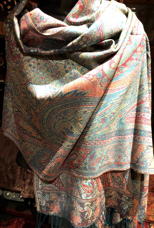Vintage Pink Turquoise Metallic Gold Paisley Brocade Pashmina Scarf Wrap