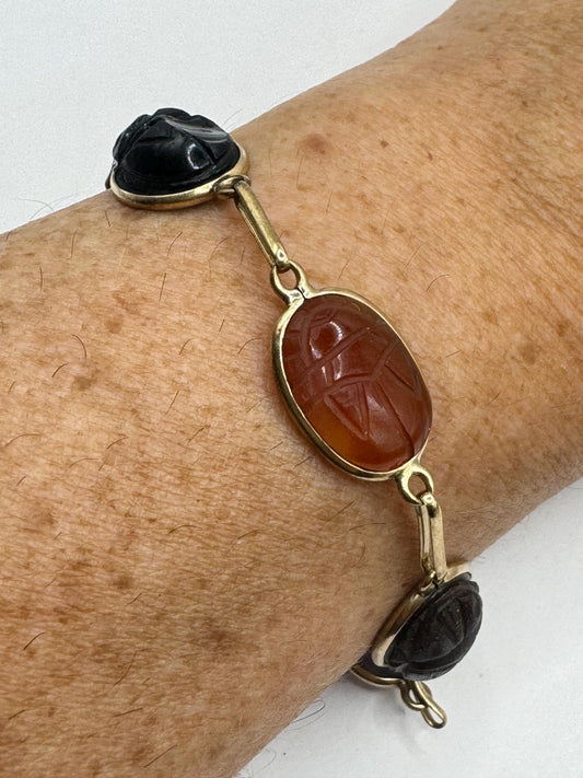 Vintage Scarab Bracelet Gold filled Carved Gemstones