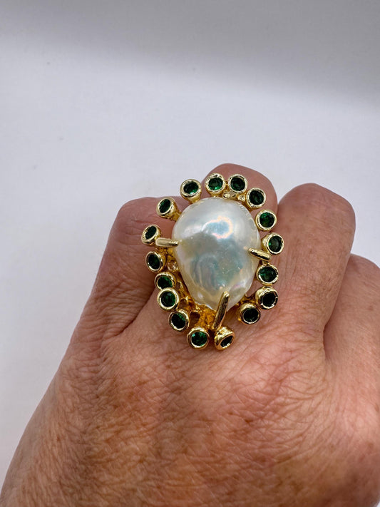 Vintage Biwa Pearl Ring Golden 925 Sterling Silver Cocktail Statement Adjustable