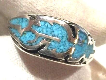 Vintage Native American Style Turquoise Stone Inlay Hawk Feather Ring