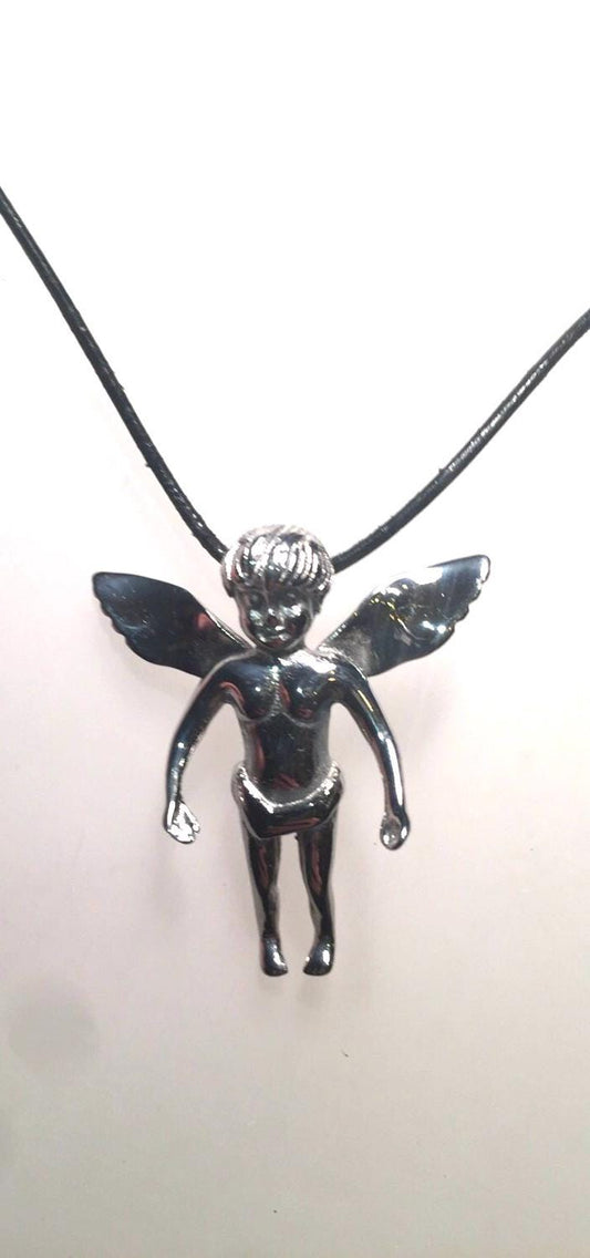 Vintage Handmade Silver Stainless Steel Gothic Angel Pendant Necklace