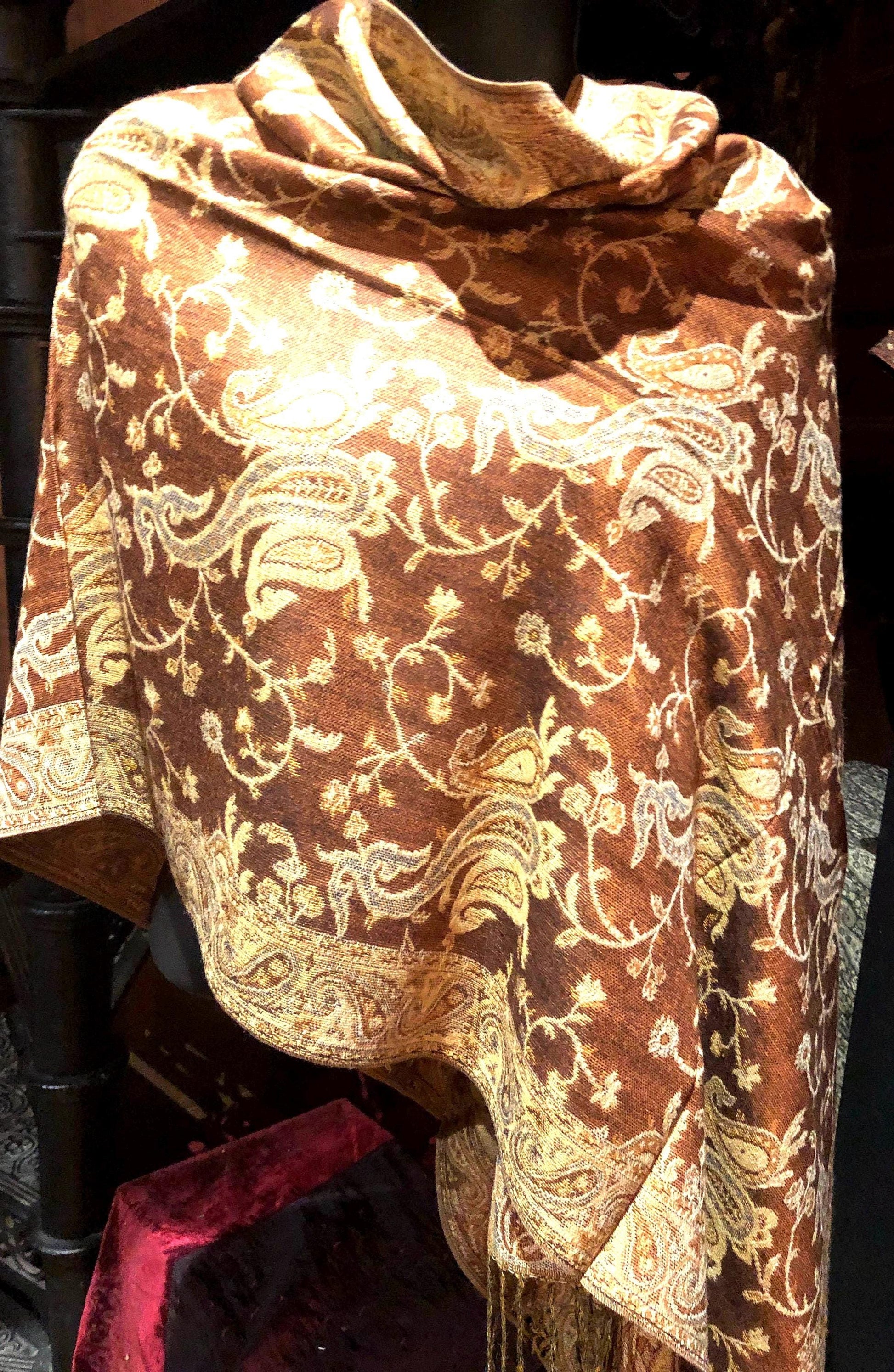 Vintage Yellow Brown Paisley Brocade Pashmina Scarf Wrap