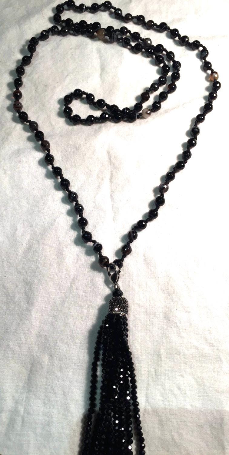 Handmade Black Striped Onyx and Crystal Tassel Necklace