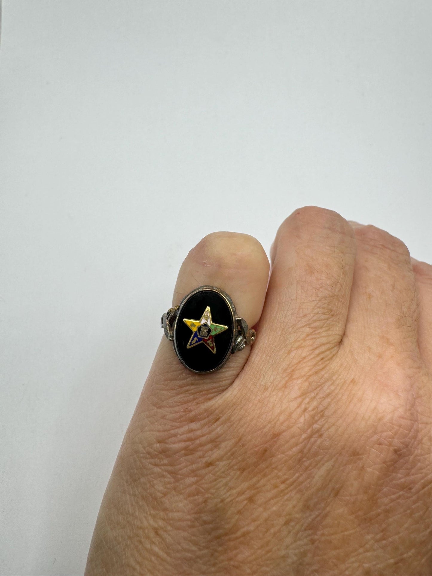 Vintage Lucky Eastern Star Free Mason Ring Gold Filled Enameled with crystal
